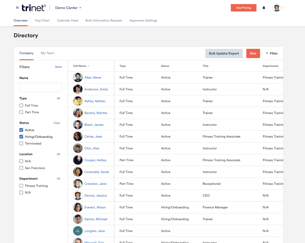 TriNet HR Platform displays its employee directory with columns listing employees by their picture, name, employee type, status, title, and department in the middle.