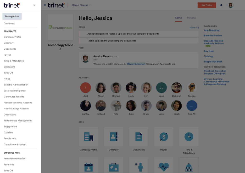 The TriNet HR Platform displays a grayed-out homepage with a white navigation bar on the left, which shows the TriNet logo at the top and links to its list of modules, such as company profile, directory, time off, and hiring.