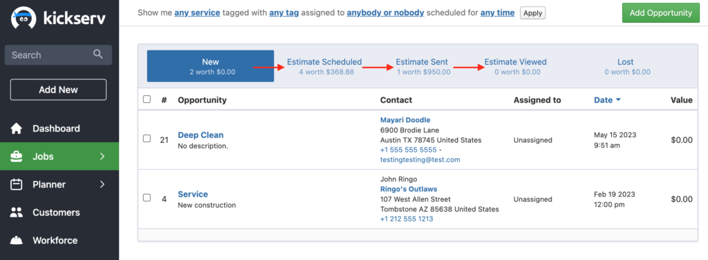 Screenshot of kickserv field service management software dashboard.