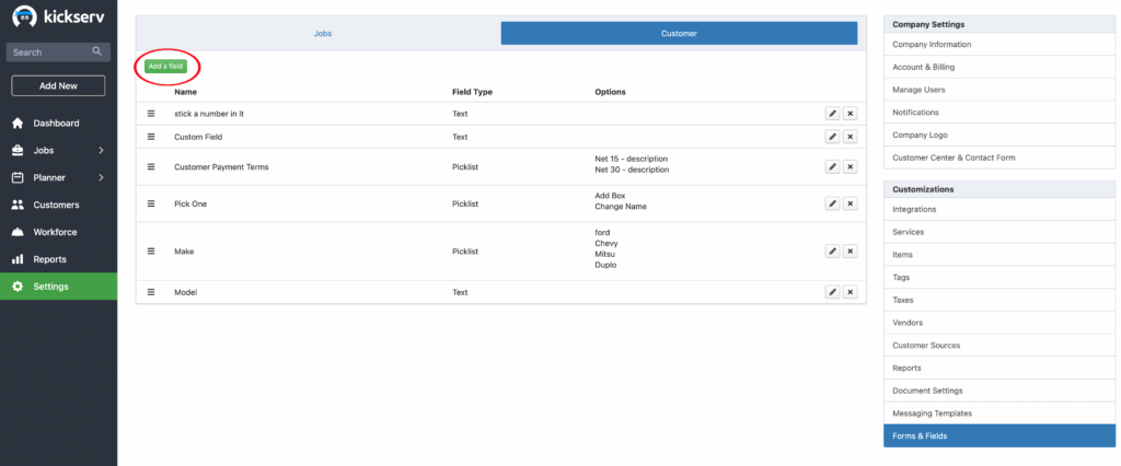 Screenshot of kickserv field service management software dashboard.