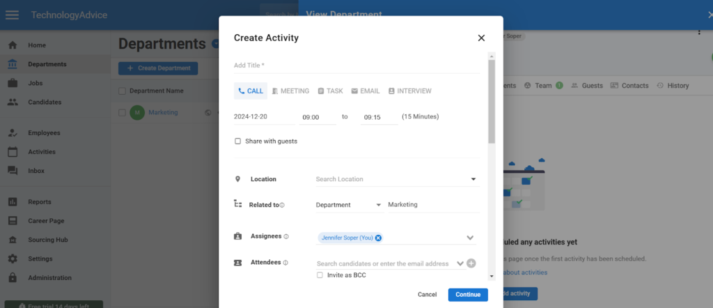 Create activity pop up form for adding a call, meeting, task, email, or interview.