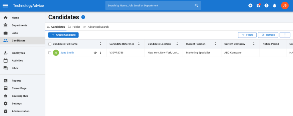 Manatal's candidates dashboard showing all active candidates.