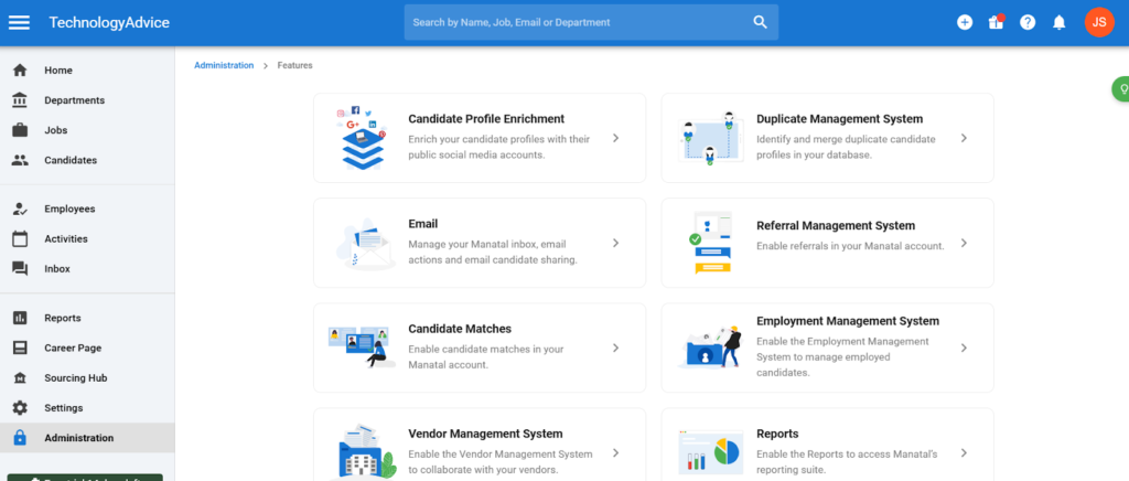 Manatal's candidate features dashboard showing tabs for profile enrichment, email, matches, and employee management.