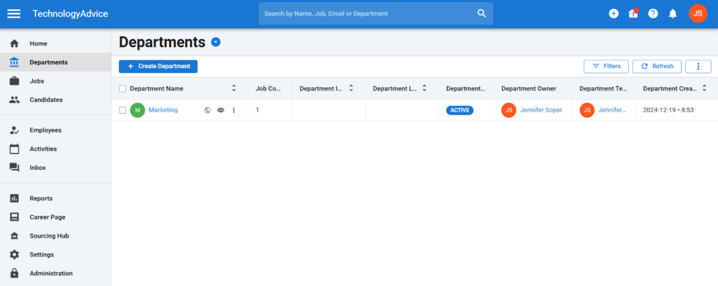 Manatal's departments dashboard showing all internal departments and the number of jobs posted.