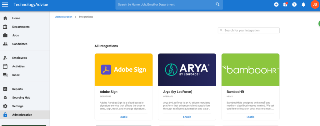 Integrations available through Manatal including Adobe Sign, Arya, and BambooHR.