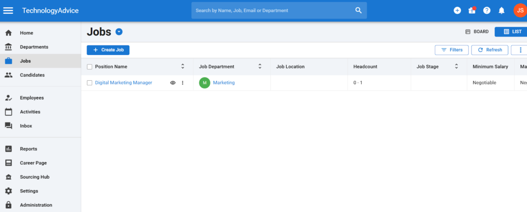 Manatal's jobs dashboard showing all active jobs.