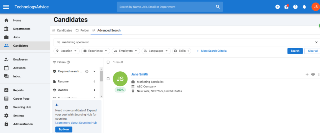 Manatal's candidates dashboard with advanced search by job title or keyword.