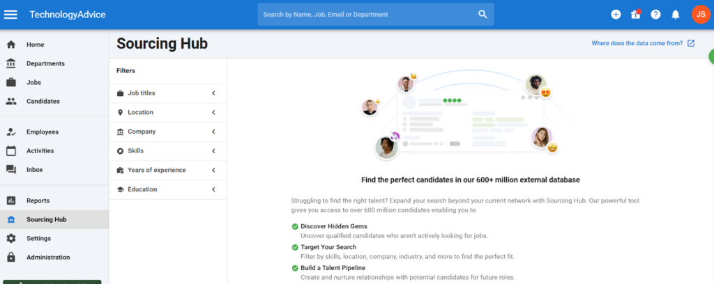 Manatal's sourcing hub dashboard with sorting options by job titles, location, company, and skills.