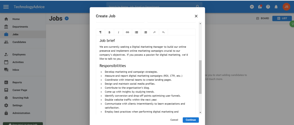 Pop up form for creating a job from a template in Manatal.