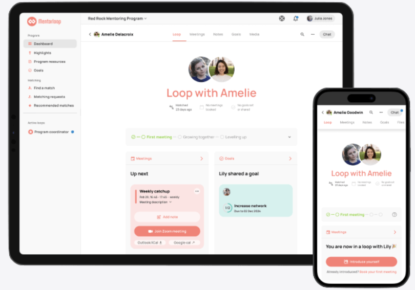 A screenshot of Mentorloop, a mentorship platform, depicting how mentors and mentees can form supportive loops to set goals and attend catchups together.