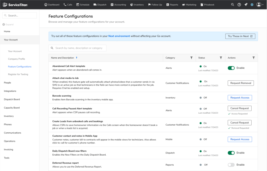 Servicetitan field service management software dashboard screenshot.