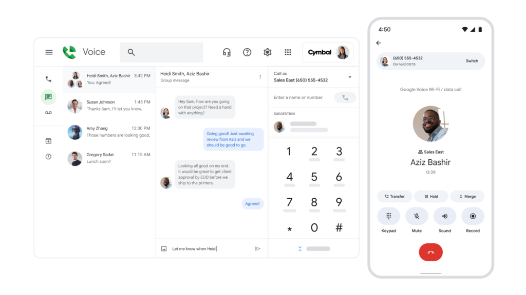 Google Voice's interface on desktop and mobile.