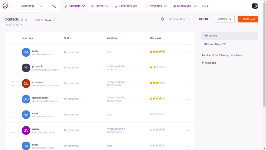 EngageBay CRM dashboard screenshot.