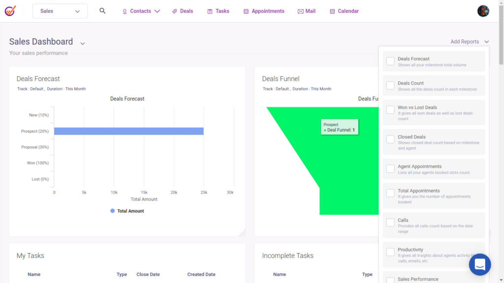 EngageBay CRM dashboard screenshot.