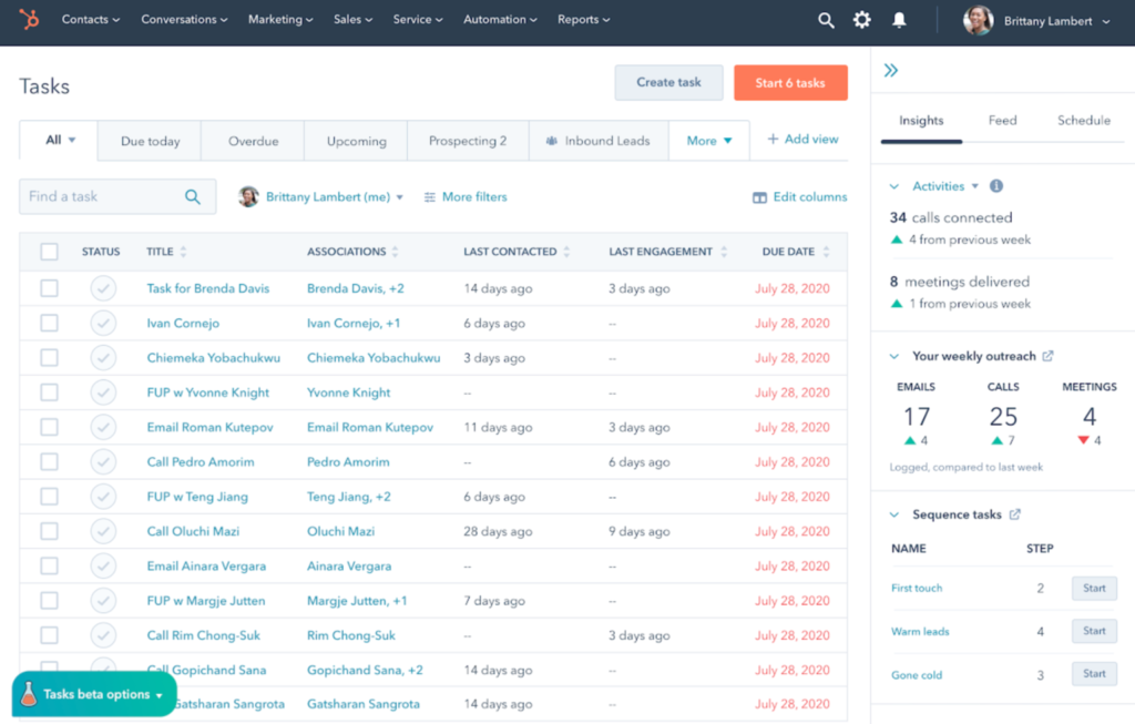 HubSpot Sales Hub screenshot showing the contacts screen.