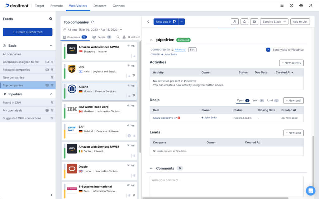 Screenshot of Pipedrive CRM interacting with dealfront.