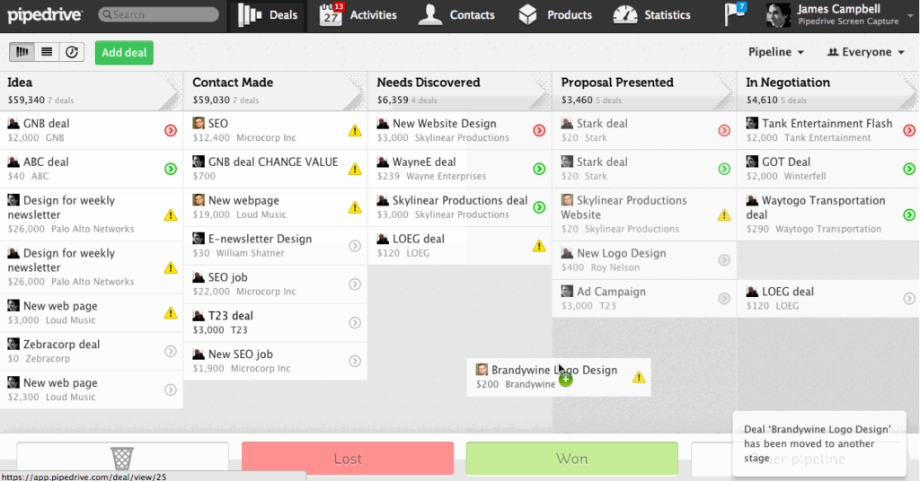 Screenshot of the Pipedrive CRM deals dashboard.