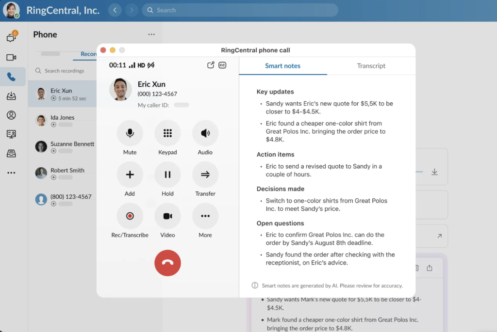 Screenshot of RingCentral desktop app