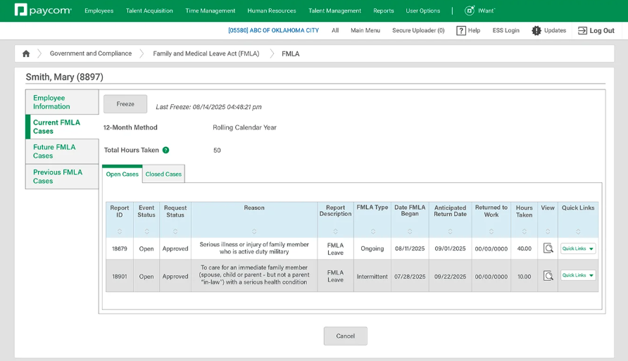 Paycom's government and compliance dashboard with FMLA reports for specific employees