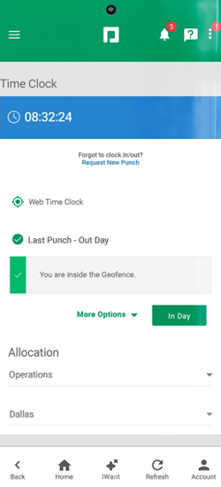 Paycom time clock on its mobile app for tracking employee work hours