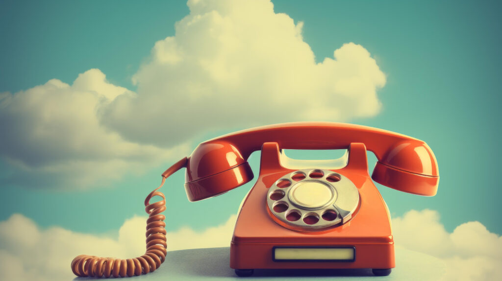 An old orange telephone with the clouds in the background.