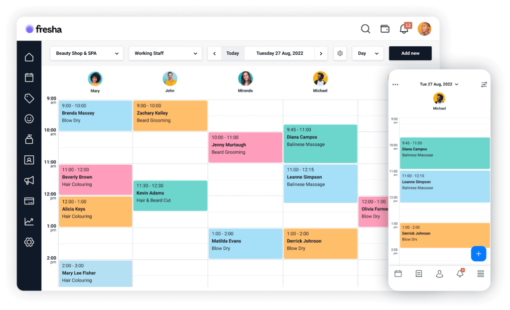 Fresha's appointment book on a desktop and mobile view.
