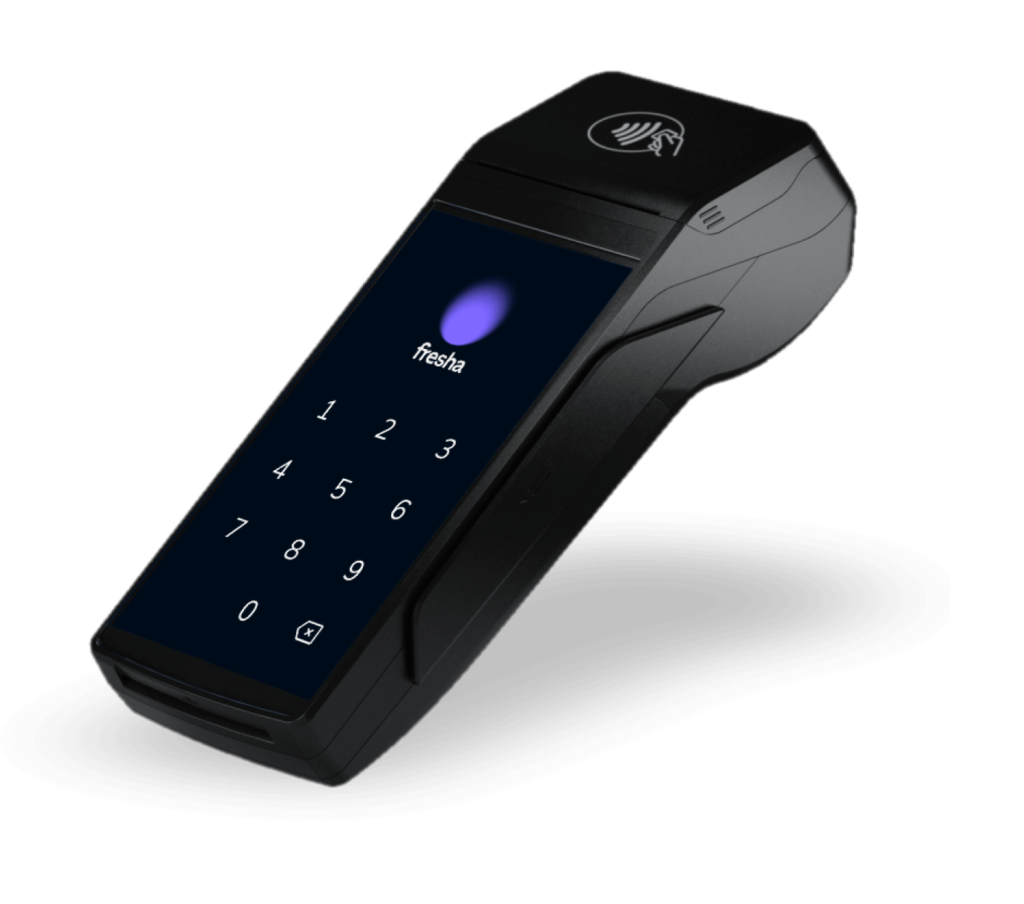 Fresha's mobile card reader featuring a small screen and pin pad.