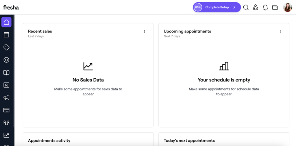 Fresha's dashboard upon login shows widgets including sales and appointment data.