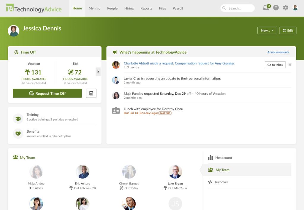 BambooHR displays a homepage with widgets on time off, company tasks, and team members in or out of the office, plus a button in the top right corner to edit the widgets.