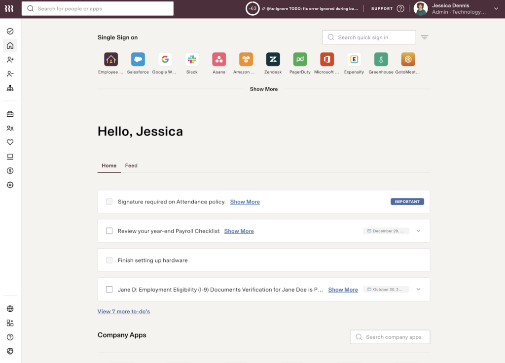 Rippling Unity's home screen displays Rippling apps like payroll and time off, outstanding tasks for an employee named Jessica, and external single sign-on apps like Google, Slack, and Salesforce.