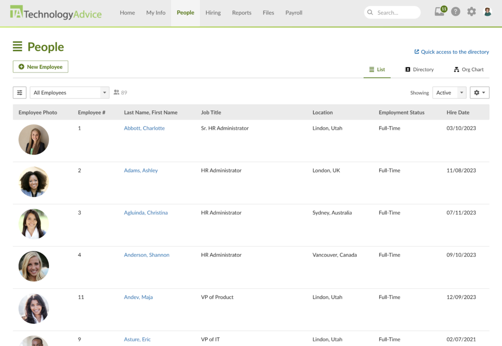 BambooHR displays its people directory in a spreadsheet with employee photos, names, job titles, locations, employment statuses, and hire dates.