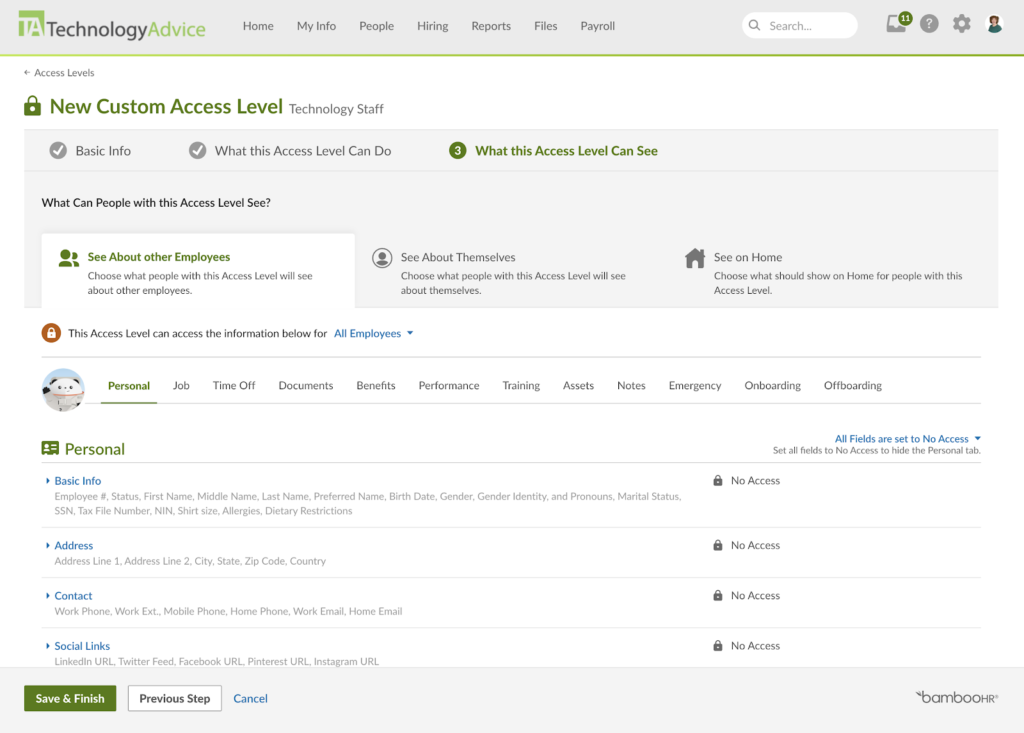 ALT: BambooHR displays a custom access level dashboard with the tab "What can people with this access level see" highlighted and options to grant or take away view access for various data fields.