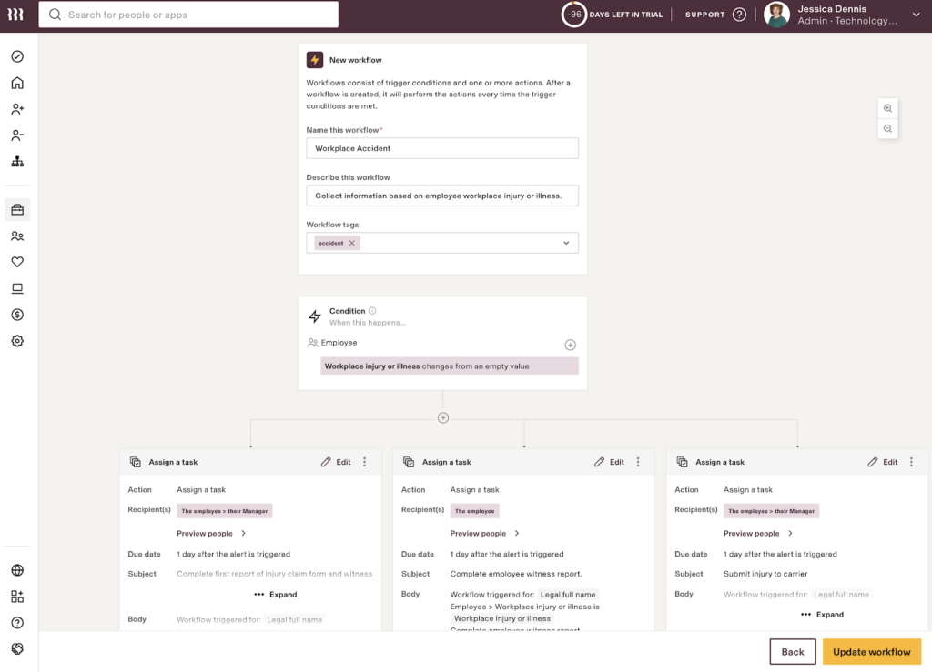 Rippling displays a workflow diagram with three tasks involving injury paperwork collection branching off from the condition trigger block "workplace injury or illness changes from an empty value."