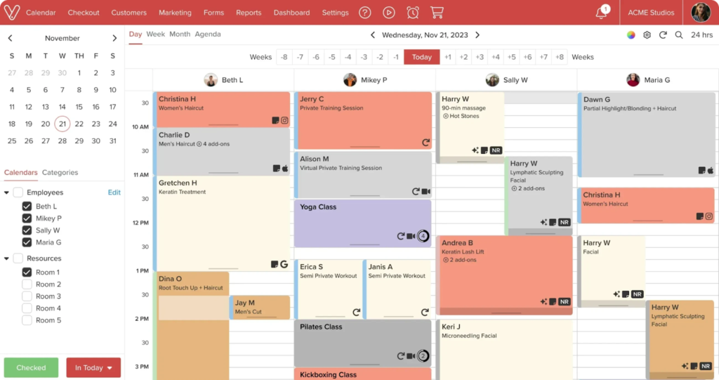 Desktop view of Vagaro's appointment calendar for a single day with multiple employees.