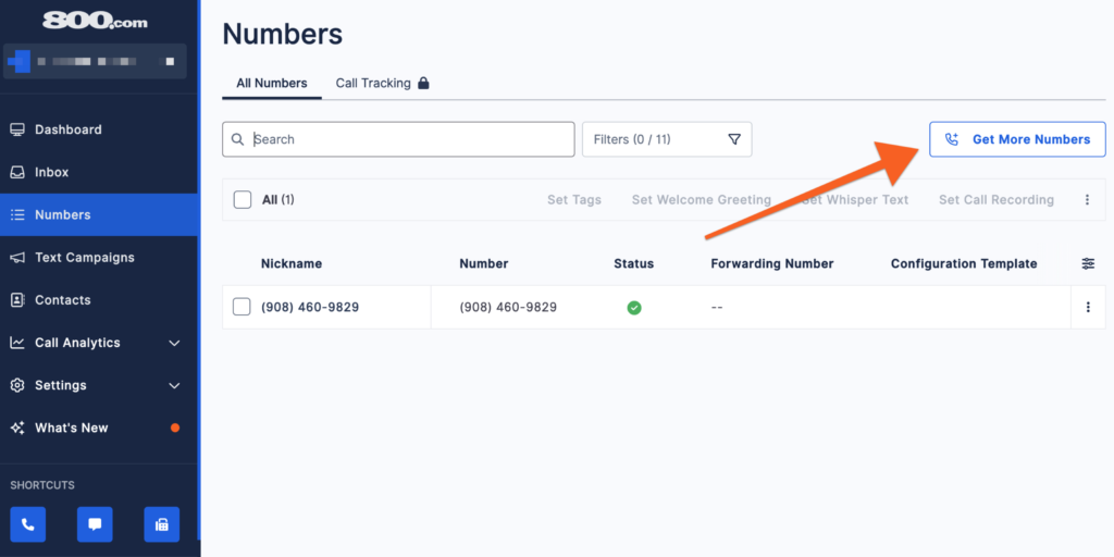 800.com number management dashboard showing a list of active toll-free numbers, status indicators, and a button to get more numbers.