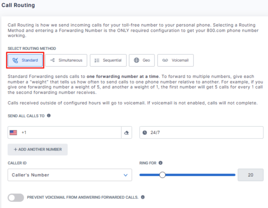 800.com call routing settings interface displaying routing method options like standard, simultaneous, and sequential, along with forwarding rules, ring duration, and caller ID settings.