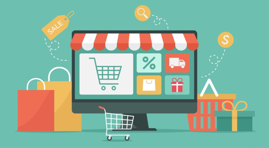 Internet shopping concept on computer, e-shopping and e-commerce, online digital store with shopping cart and goods, vector flat graphic illustration