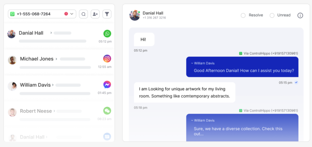 CallHippo unified messaging interface showing an omnichannel inbox with live WhatsApp chat, user profiles, and multichannel icons for Instagram, Messenger, and WeChat.
