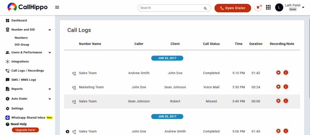 CallHippo call logs dashboard displaying detailed call records by team, including caller and client names, call status, timestamps, durations, and access to recordings.
