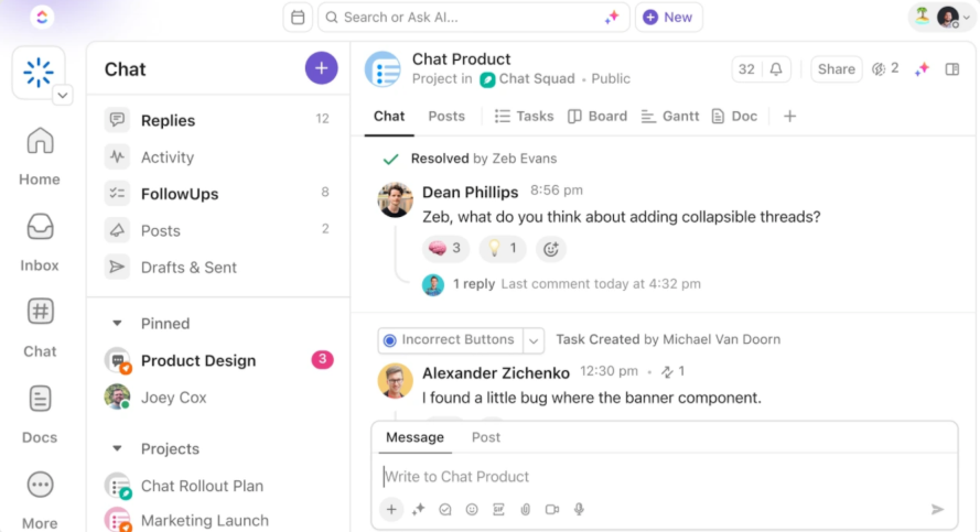 ClickUp interface showing a project chat with threaded comments, task creation, and emoji reactions, alongside navigation tabs for chat, tasks, board, Gantt, and docs.