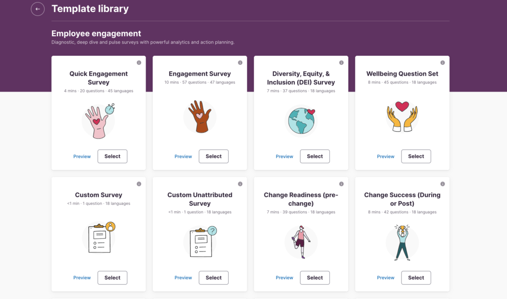 Culture Amp displays its employee engagement template library with cards and icons to access survey templates like DEI, well-being, change readiness, and custom surveys.