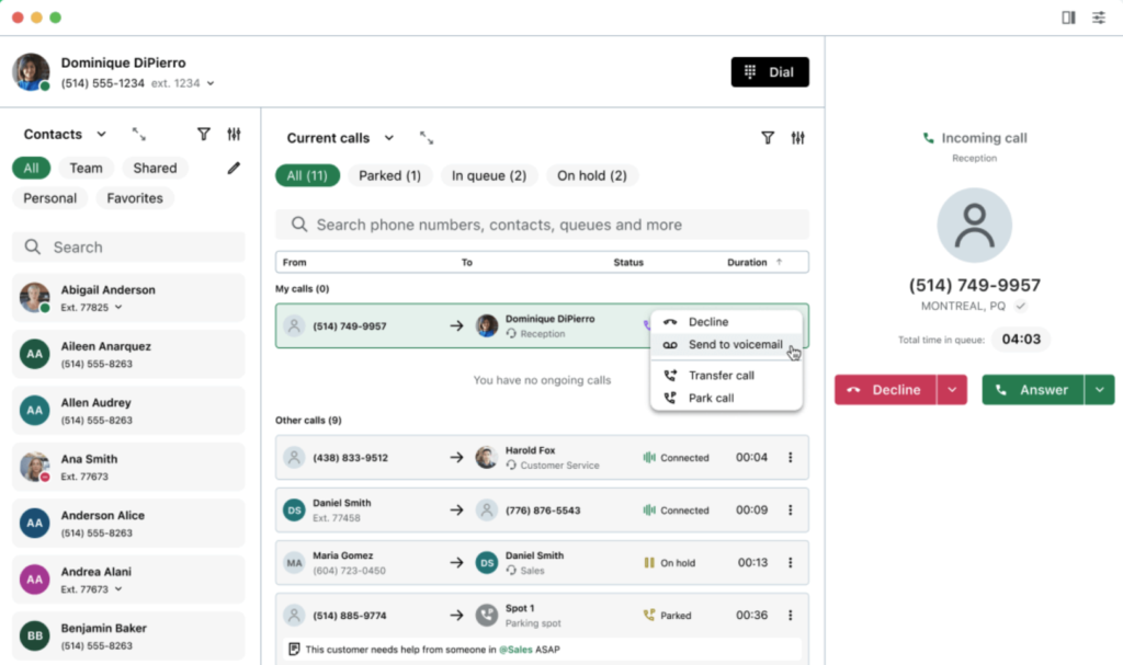 GoTo Connect call management dashboard showing live call queues, contact list, call transfer options, and an incoming call interface with voicemail, park, and answer actions.