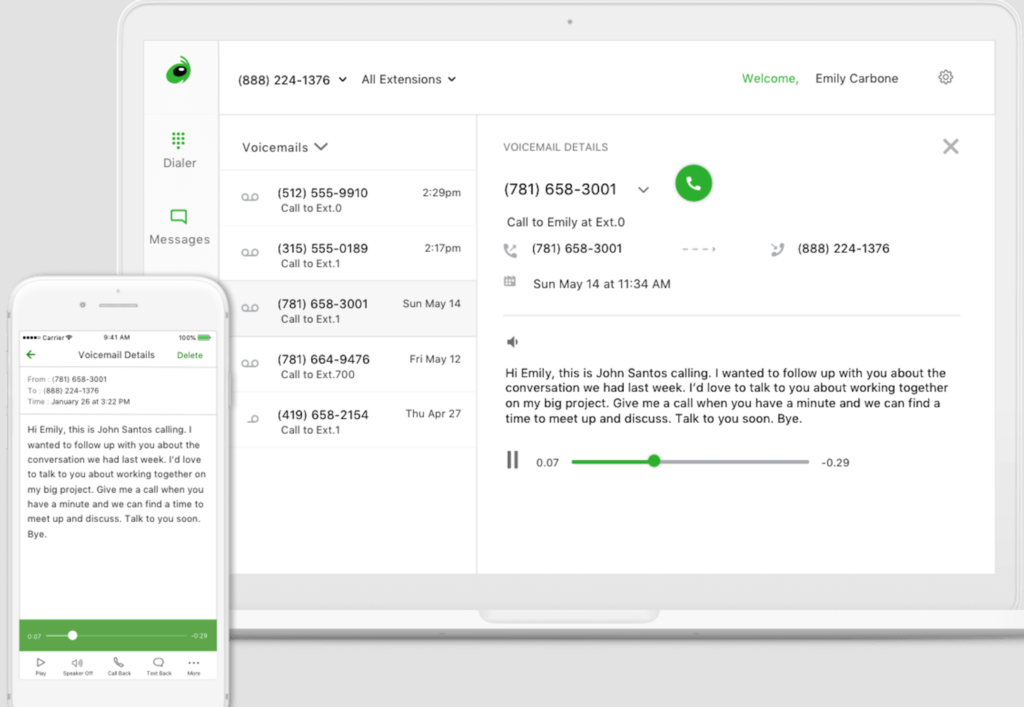Grasshopper voicemail interface showing a visual voicemail inbox with message playback, caller details, and a full voicemail transcript across desktop and mobile views.
