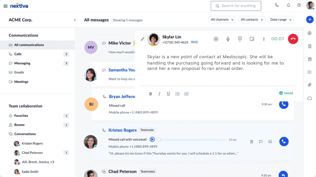Nextiva’s unified communication interface displaying call history, emails, and messaging threads across different channels, all within a central inbox for team collaboration.