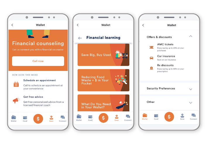 Three side-by-side mobile phones display views of Paycor's app; the first shows buttons to schedule an appointment with a financial counselor; the second shows three financial learning courses like "What do you need in your wallet?"; and the third shows available offers and discounts.