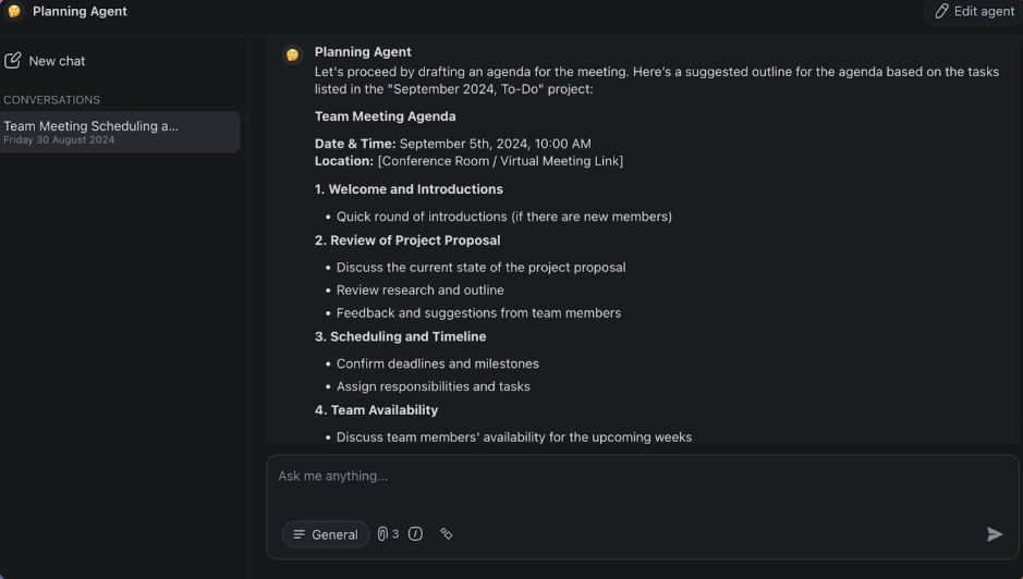 Taskade interface showing an AI-generated team meeting agenda, including sections for introductions, project proposal review, scheduling, and team availability.
