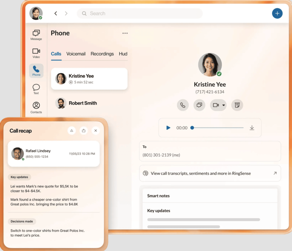 AI-powered call recap and transcript interface showing call summaries within RingCentral’s unified communications dashboard.