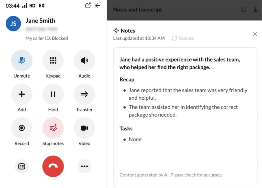 Live call screen with AI-generated notes and recap detailing a customer’s positive experience, including key takeaways and follow-up actions.