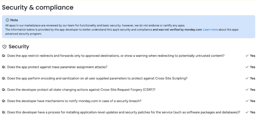 Monday.com Security & Compliance section showing app-related security questions such as protection against redirects, cross-site scripting, and breach notifications marked with “Yes” answers provided by the developer.
