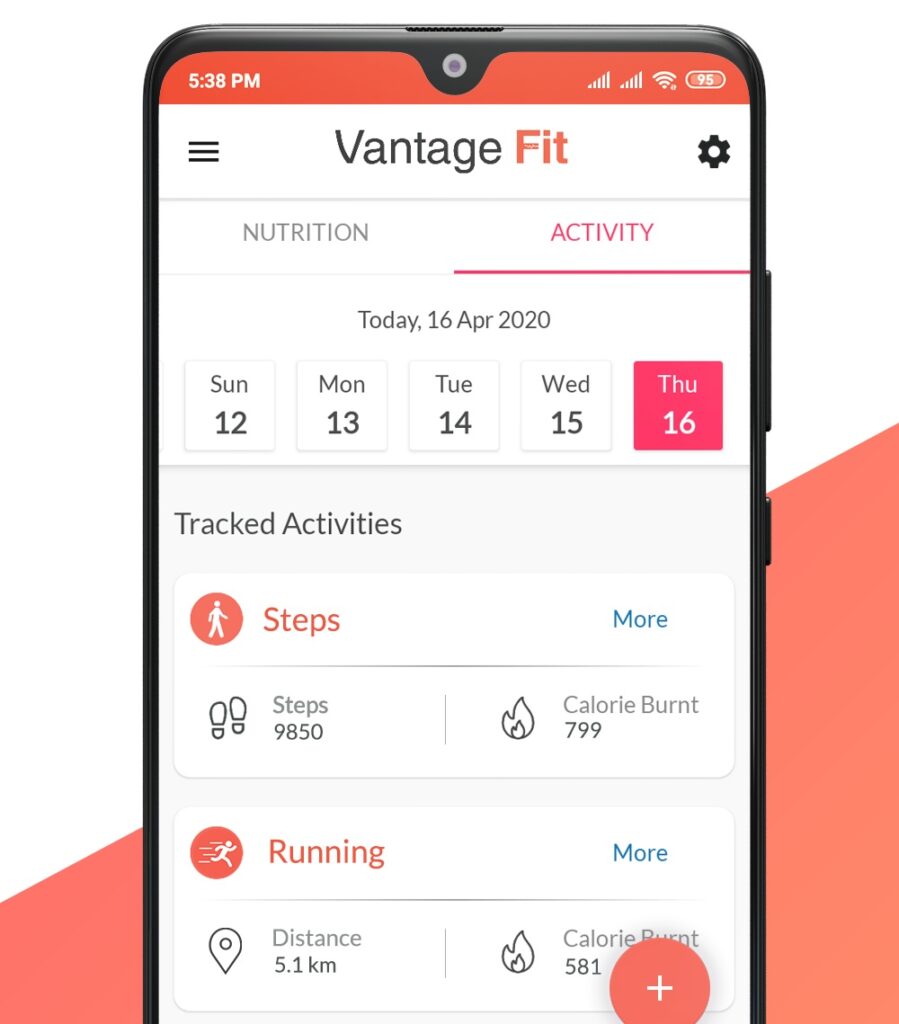 Vantage Fit displays a nutrition and activity dashboard on a mobile phone, with a weekly calendar across the top and a list of tracked activities, like the number of steps and running distance, below.